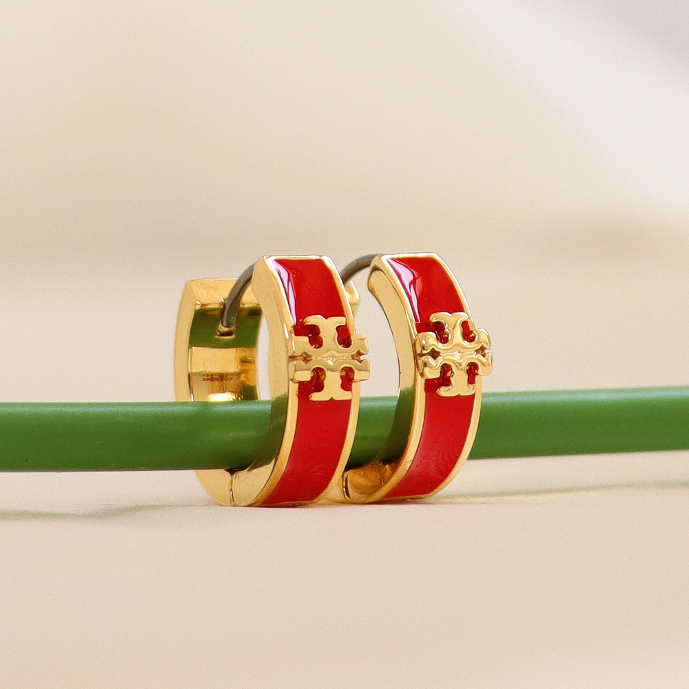 Tory Burch Tangli Gold Plated Copper Enamel Double Ring Earrings Micro Logo